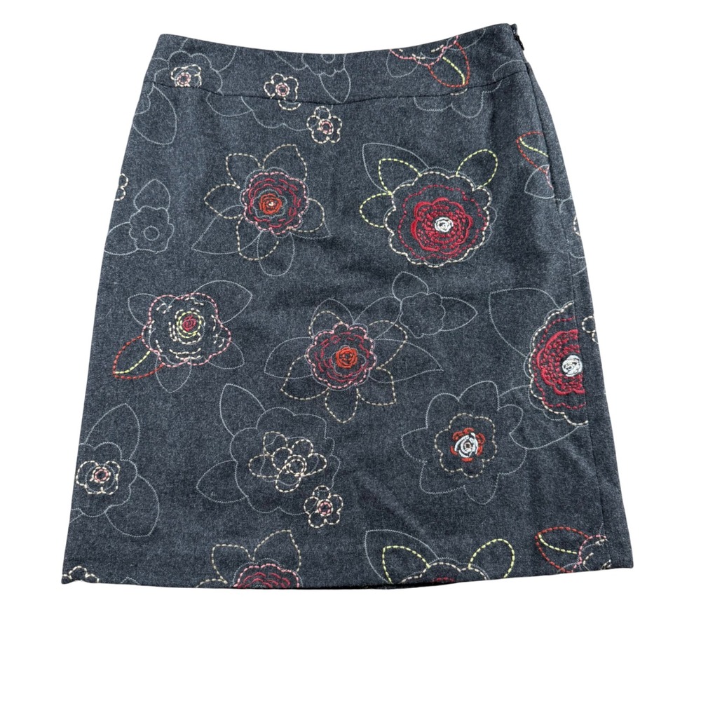 Loft Wool Blend Embroidered‎ Floral A-Line Mini Skirt women 2 grey artsy boho